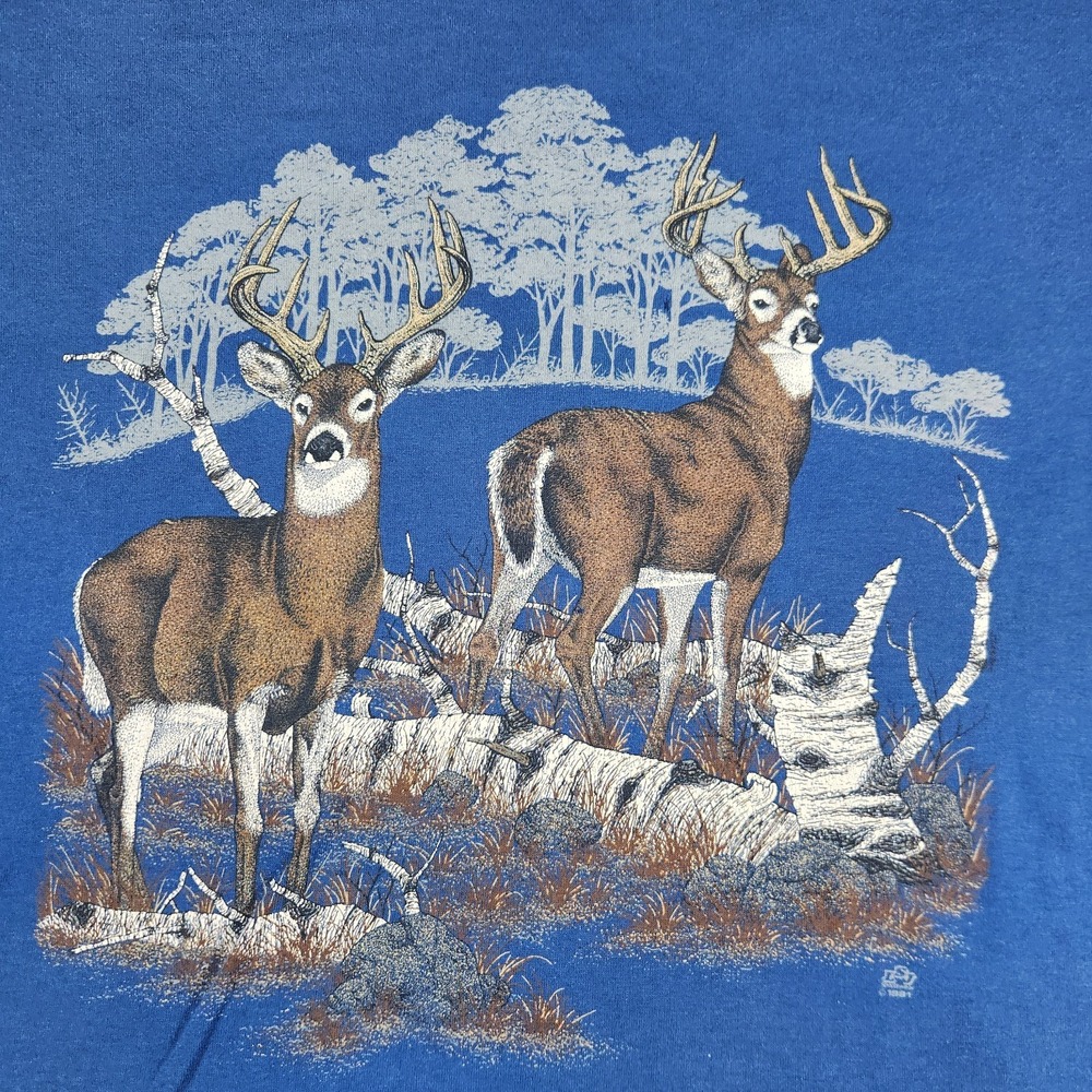 Vintage 90s Deer Nature Art Graphic T Shirt Jerzees Blue Animal Hunting Wildlife - Picture 3 of 13